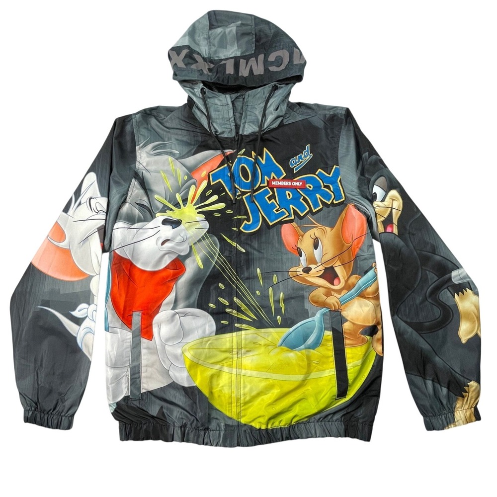 Members Only Tom and Jerry Windbreaker Mens S Black Hooded Graphic Jacket Zip